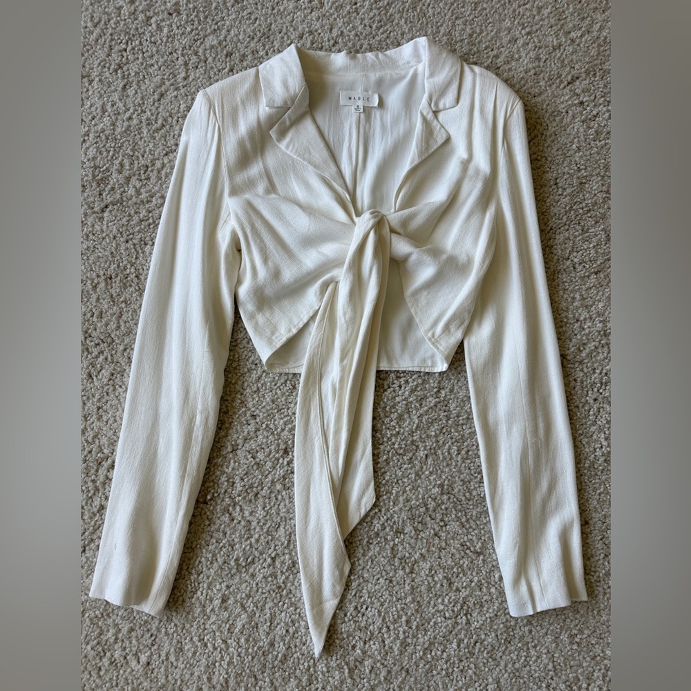 Mable White Set - crop with shoulder pads and front tie & loose trousers